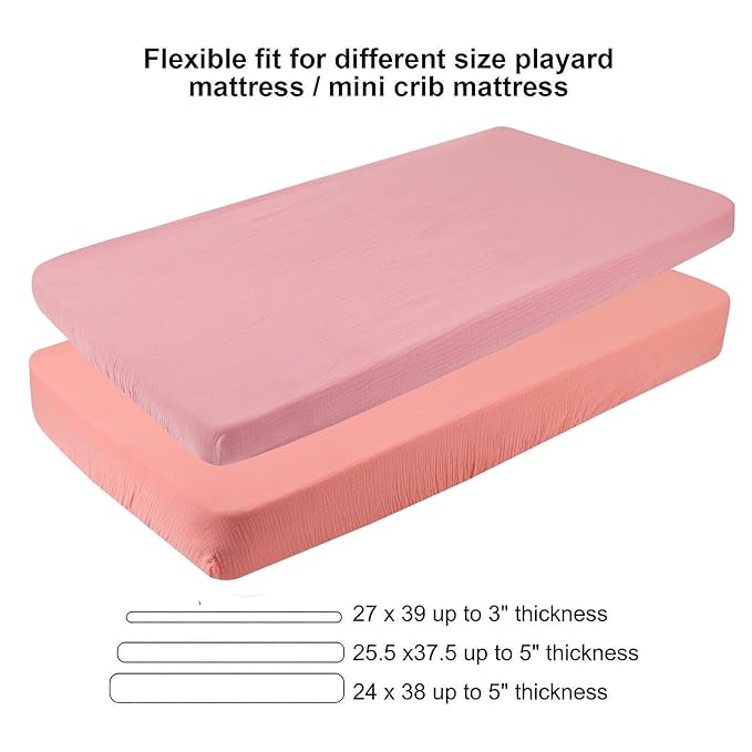 Muslin Pack n Play Sheets Soft Breathable 100% Cotton Mini Crib Fitted Sheets Portable/Convertible Playard Mattress Cover 2 Pack for Baby Girl, Pink and Pastel Violet