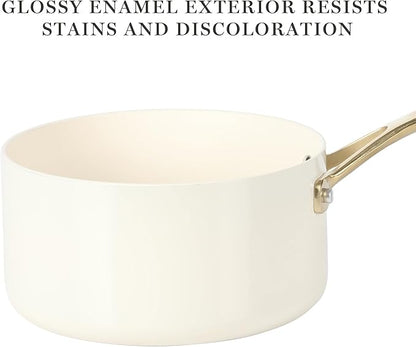 Martha Stewart Galway Premium Nonstick PFA Free Ceramic Interior 10 Piece Heavy Gauge Enamel Aluminum Pots and Pans Cookware Set W/Aluminum Lids - Linen White W/Gold Handle