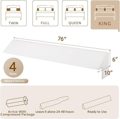 King Wedge Pillow Headboard, Bed Wedge Pillow for Headboard, Foam Headboard Pillow, Bed Gap Filler King - Fill The Gap (0-7") Between Headboard and Mattress (White, 76"x10"x6")