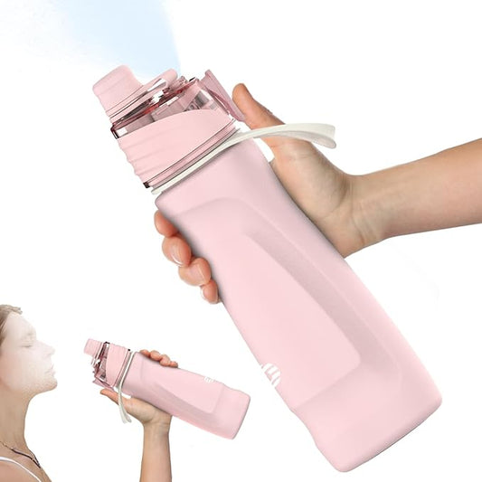 Misting Water Bottle, 24oz Insulated Water Bottle, 2-in-1 Mist & Sip Stainless Steel Water Bottles, Thermo for Hot Drinks/Cold Drinks, Sports Water Bottle for Hiking, Running, Gym, Light Pink