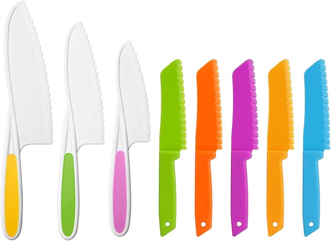 MOTYAWN 8 Pieces Kids Plastic Nylon Cooking Knife Set, Safe Knives for Bread Without BPA,Children's Safe Cooking Chef Nylon Knives for Cooking and Cutting Fruits, Veggies & Cake