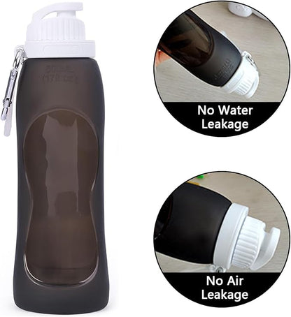 Wesoke Sport Collapsible Water Bottles Black, 500 ml/17oz Foldable Travel Water Bottle Cup, Lightweight Food Grade Silicone Reusable Leakproof Water Bottles with Carabiner for Gym Running Cycling