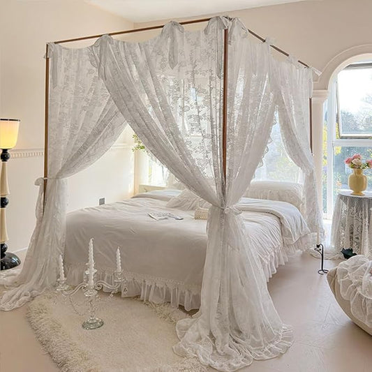 Elegant Lace Princess 4 Corner Post Mosquito Net Romantic for Girls Women Bed Curtain Canopy for Adult Wedding Bedroom Kids Rooms Decoration (Type3-Beige-White, Full)