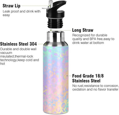 senya 20 Oz Water Bottle with Straw Rainbow Leopard Print Neon Stainless Steel Water Bottle for Traveling Sports Leakproof Insulated Water Bottle