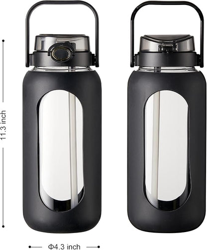 TKK 64 OZ Glass Water Bottle with Straw and Handle Half Gallon Bottle with Silicon Sleeve 2L Sports Water Bottles for Fitness, Gym, Workout - Black