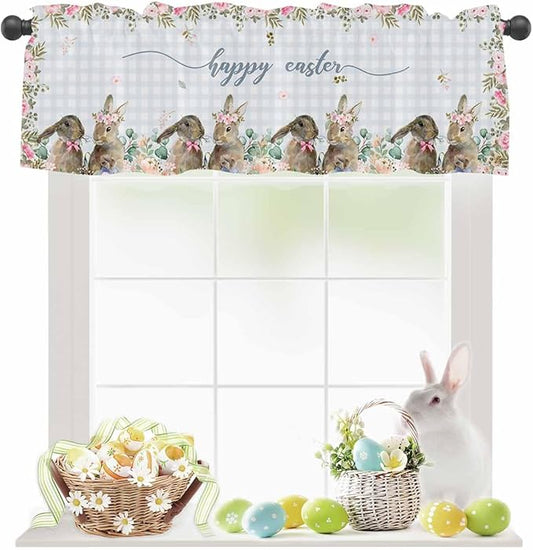 Rabbits Flowers Easter Kitchen Curtains Valances for Windows Eucalyptus Leaf Spring Summer Rod Pocket Window Treatment for Kitchen /Living Room/Bedroom/ Bathroom, 60" X 18", Grey White Buffalo Plaid