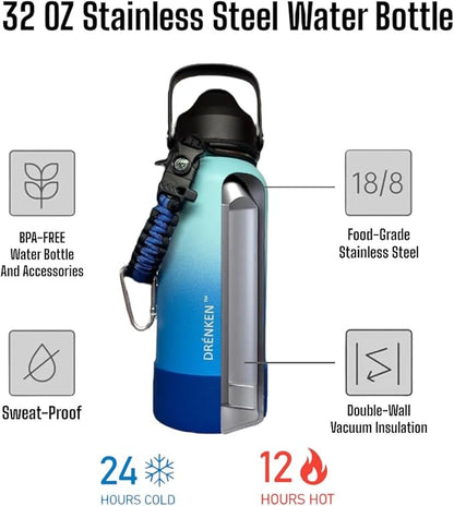 Water Bottle, Insulated water bottle, Stainless steel water bottle for kids men women Sports water bottle 32 oz Water bottle with straw Insulated Flask (Gradient Blue)