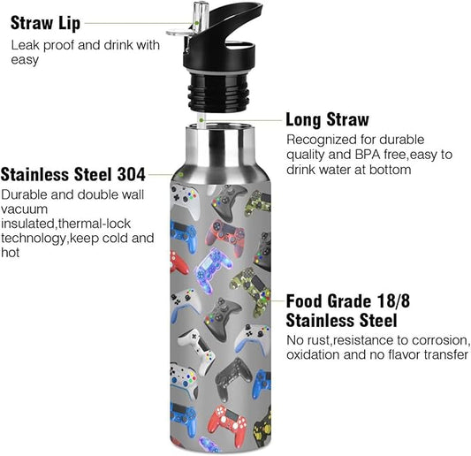 Gamer Gaming Weapon Gamepad Stainless Steel Water Bottle with Straw Lid - 20 Oz Sports Insulated Water Bottle Thermos for Sport Gym Outdoor Travel School (DZ003)