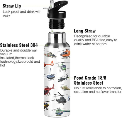 Helicopter Stainless Steel Water Bottle with Straw Lid - 20 Oz Sports Insulated Water Bottle Thermos for Sport Gym Outdoor Travel School