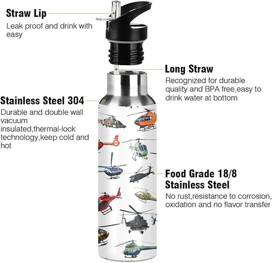 Helicopter Stainless Steel Water Bottle with Straw Lid - 20 Oz Sports Insulated Water Bottle Thermos for Sport Gym Outdoor Travel School