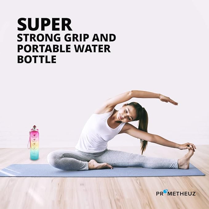 PROMETHEUZ Sports Water Intake Reminder Bottle with Time Marker and Straw, Leakproof Tritan BPA-Free, Fast Flow, Pink Yellow Mint, 32 oz