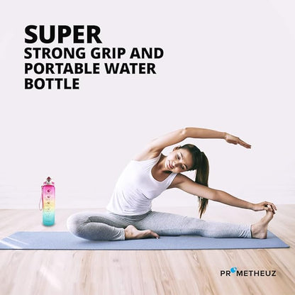 PROMETHEUZ Sports Water Intake Reminder Bottle with Time Marker and Straw, Leakproof Tritan BPA-Free, Fast Flow, Pink Yellow Mint, 32 oz