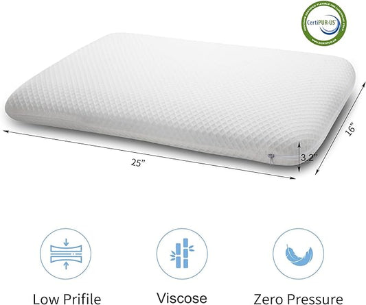 Slim 3.2" Stomach Sleeping Memory Foam Pillow-Thin, Flat, Soft Yet Supportative for Belly, Back& Stomach Sleepers
