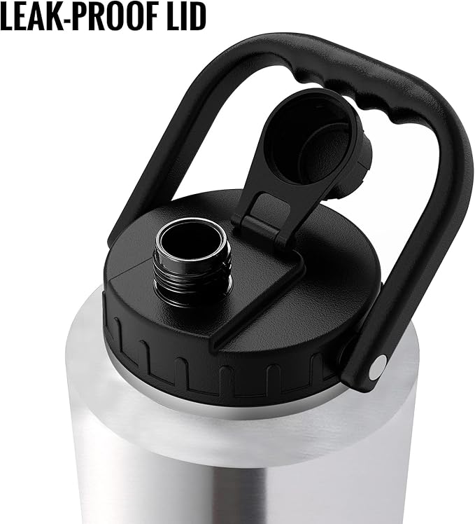 SkyWell 64 Oz Insulated Water Bottle Sleeve and Cup Kit Wide Mouth Water Flask Sweat-Proof and Leak-Proof Half Gallon Water Jug for Outdoors, Silver Kit