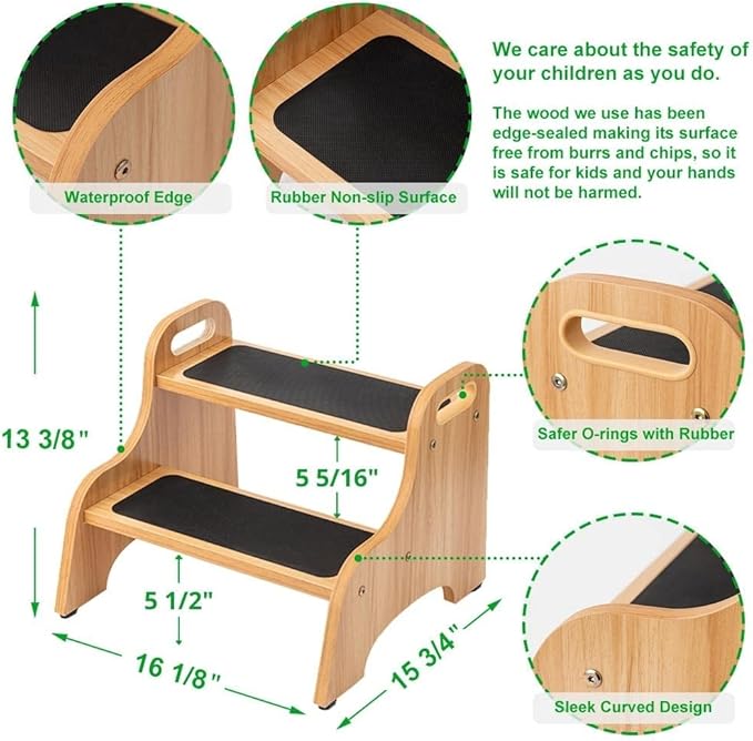 StrongTek Wooden 2 Step Stools for Kids, Toddler with Non-Slip Stepping Surface, Portable Stool with Handles for Bathroom Kitchen and Bedroom, 400 lbs Capacity (Natural)