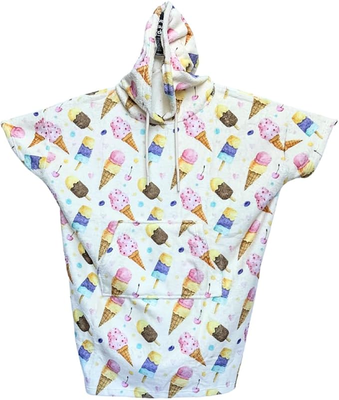 Cotton/Microfiber Kids Surf Poncho, Wetsuit Changing Towel Bath Robe with Hood and Pocket for Ages 3-7 and 8-12 (Ice Creams, 3-7 Years)