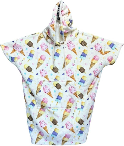 Cotton/Microfiber Kids Surf Poncho, Wetsuit Changing Towel Bath Robe with Hood and Pocket for Ages 3-7 and 8-12 (Ice Creams, 3-7 Years)