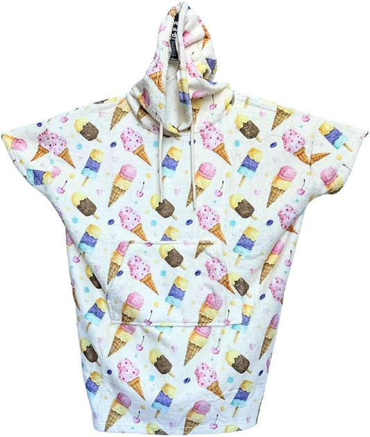 Cotton/Microfiber Kids Surf Poncho, Wetsuit Changing Towel Bath Robe with Hood and Pocket for Ages 3-7 and 8-12 (Ice Creams, 8-12 Years)