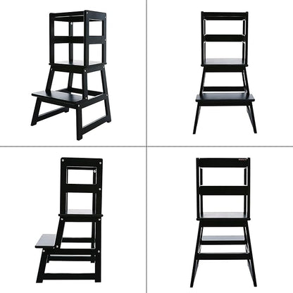 SDADI Kids Kitchen Step Stool Tower for Toddlers, Holds up to 150 lbs, w/ Safety Rail, Wide Platform Design, and 4 Anti-Slip Strips, Black