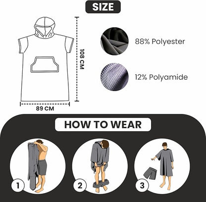 Surf Poncho for Men & Women with Hood, Quick Dry 80% Microfiber Polyester Changing Robe Beach Towel W/Outside Pocket - Outdoor, Surfing, Swimming, Bathing, Travelling, Camping, Pool (Gray)…