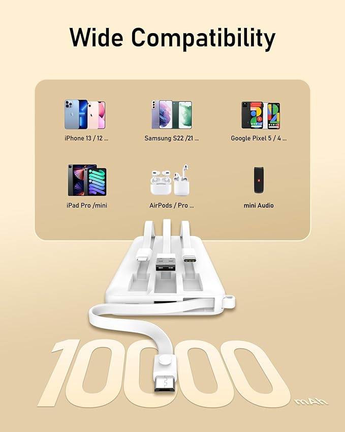 VEEKTOMX Portable Charger with Built-in Cables - 10000mAh Power Bank for iPhone - Slim Fast Charge USB C Battery Pack - Small Travel Essentials Powerbank, Compatible with iPhone, Samsung, Android, etc