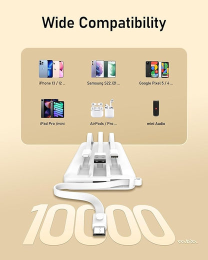 VEEKTOMX Portable Charger with Built-in Cables - 10000mAh Power Bank for iPhone - Slim Fast Charge USB C Battery Pack - Small Travel Essentials Powerbank, Compatible with iPhone, Samsung, Android, etc