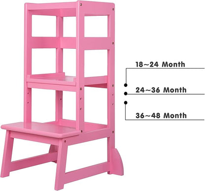 SDADI Mother's Helper Adjustable Height Kitchen Step Stool, Children Kids Toddlers Counter Level Learning Stool for Kitchen & Bathroom, Pink