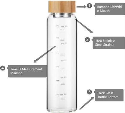 Glass Water Bottle 32 oz Wide Mouth with Sleeve Bamboo Lid Motivational Water Bottle With Time Marker Reusable Safe for Hot Cold Drinks Bpa Free (Green)