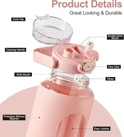 TKK 64 OZ Glass Water Bottle with Straw and Handle Half Gallon Bottle with Silicon Sleeve 2L Sports Water Bottles for Fitness, Gym, Workout - Pink