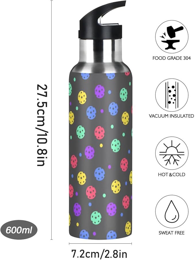 Colorful Pickleball Sports Water Bottle, Double Wall Vacuum Insulated Stainless Steel Water Bottle with Straw Keeps Hot and Cold, Bike Running Sports Travel Gym 20oz
