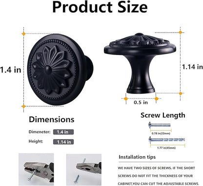 Kitchen Cabinet Knobs, 10 Pack Matte Black Zinc Alloy, 1-2/5'' Round Handles for Cabinets and Drawers Dresser, Included Screws
