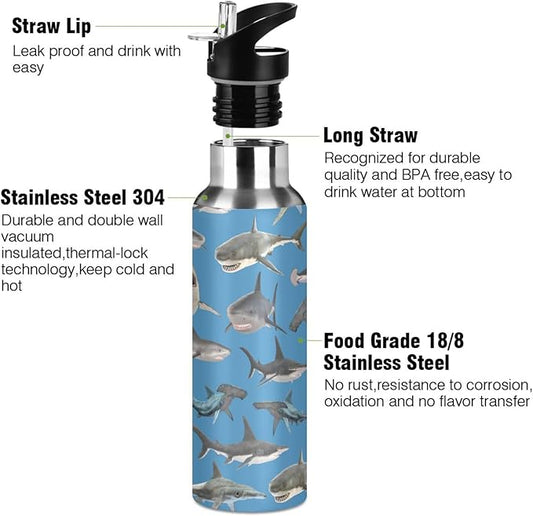 shark hammerhead shark Stainless Steel Water Bottle with Straw Lid - 20 Oz Sports Insulated Water Bottle Thermos for Sport Gym Outdoor Travel School