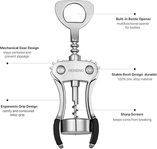 Wine Opener with Leak Proof Wine Vacuum Stopper, Zinc Alloy Premium Wing Corkscrew Wine Bottle Opener with Multifunctional Bottles Opener
