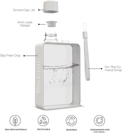 Mochic 13oz Portable Water Flask Flat Water Bottle for Purse Mug BPA Free A5 Slim Square Water Bottle Flask Leak Proof Plastic Flask Bottle for Travel (White)