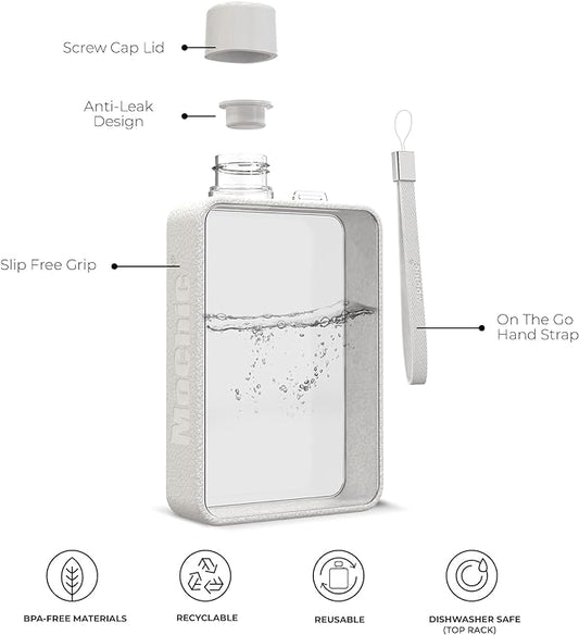 Mochic 13oz Portable Water Flask Flat Water Bottle for Purse Mug BPA Free A5 Slim Square Water Bottle Flask Leak Proof Plastic Flask Bottle for Travel (White)