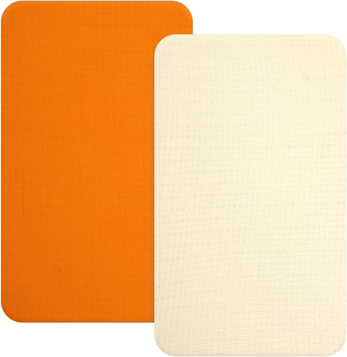 Muslin Mini Crib Sheets, 2 Pack Cotton Pack N Play Sheets for Boys Girls Neutral, Soft Breathable Baby Sheets Fit Pack N Play, Playard and Mini Crib Mattresses, Beige & Ginger