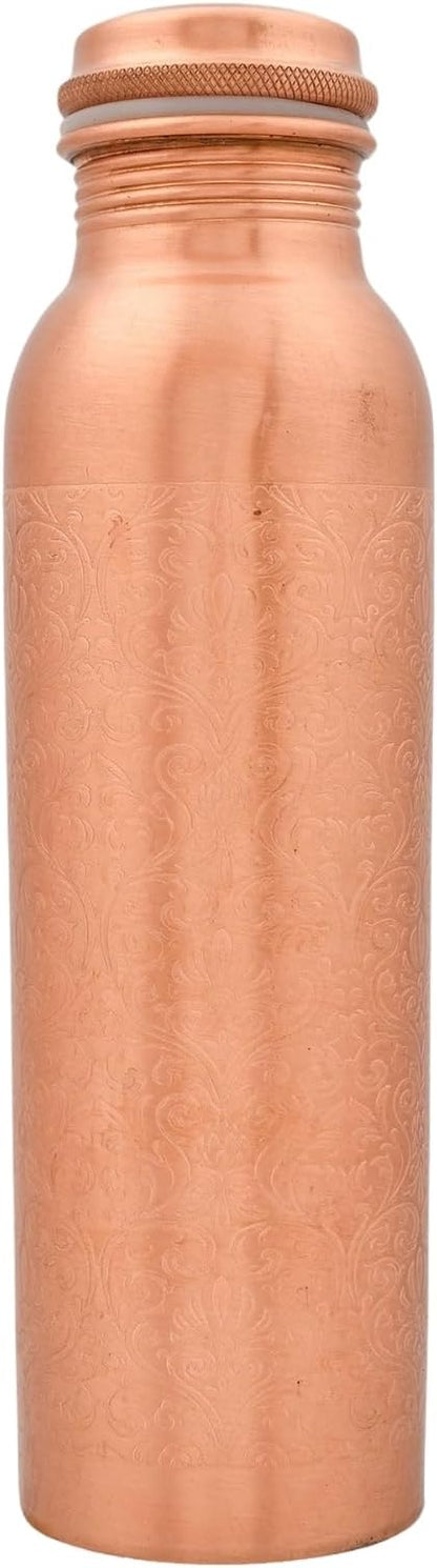 Pure Copper Metal Water Bottle - 32 oz - Indian Handmade Ayurveda Healing Drinking Water Bottle for Travel, Hiking, Gym, Office, Outdoor - Glossy Etching