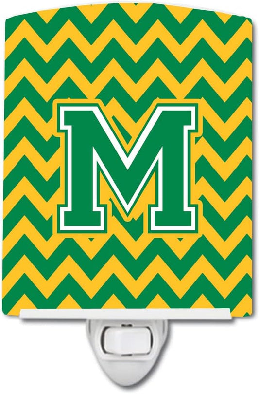 Caroline's Treasures CJ1059-MCNL Letter M Chevron Green and Gold Ceramic Night Light Compact, UL-Certified, Ideal for Bedroom, Bathroom, Nursery, Hallway, Kitchen, 6x4x3, Multicolor