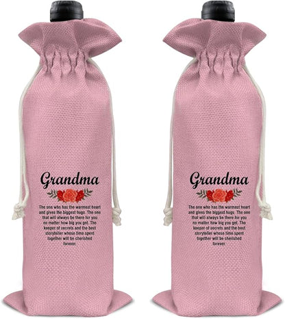 HOIJAUMAI Grandma Gift From Grandson Granddaughter, Grandma Wine Bag Grandma Wine Gift Bags for Birthday Mother's Day (Pink)