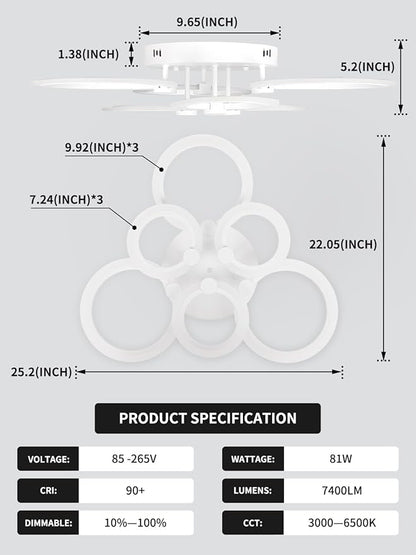Modern LED Ceiling Light,Dimmable 3 Colors 6 Rings Flush Mount Ceiling Light Fixture,3000K-6500K 81W White Close to Ceiling Light with Remote for Living Room,Bedroom,Laundry Room