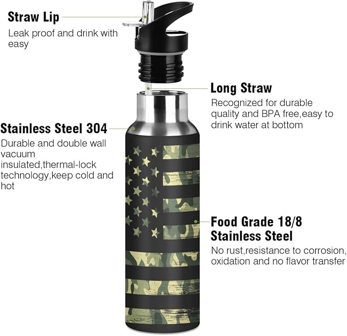 senya 34 Oz Water Bottle with Straw Usa Flag Camouflage Vintage Stainless Steel Water Bottle for Traveling Sports Leakproof Insulated Water Bottle