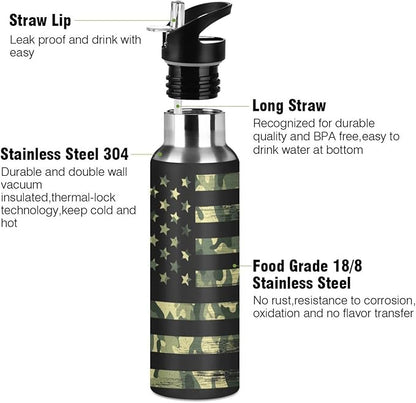 senya 34 Oz Water Bottle with Straw Usa Flag Camouflage Vintage Stainless Steel Water Bottle for Traveling Sports Leakproof Insulated Water Bottle