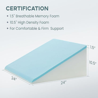 Bed Wedge Pillow, 12" 24" 24" Triangle Pillow Wedge, Cooling Memory Foam Top, Elevated Support Wedge Pillow for Relieving Acid Reflux, Heartburn, Snoring and GERD
