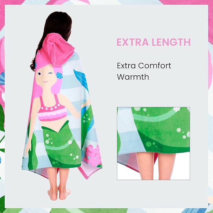 BANGSAUR Kids Hooded Beach Bath Towels, 100% Cotton 50x30 inches Towel Wrap, Toddlers Girls 3-12 Years Coverup Pink Hair Mermaid