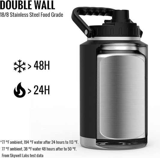 SkyWell 1 Gallon Insulated Water Bottle with Handle and Wide Mouth Water Flask Sweat-Proof and Leak-Proof 128 Oz Stainless Steel Water Jug for Outdoors, Black