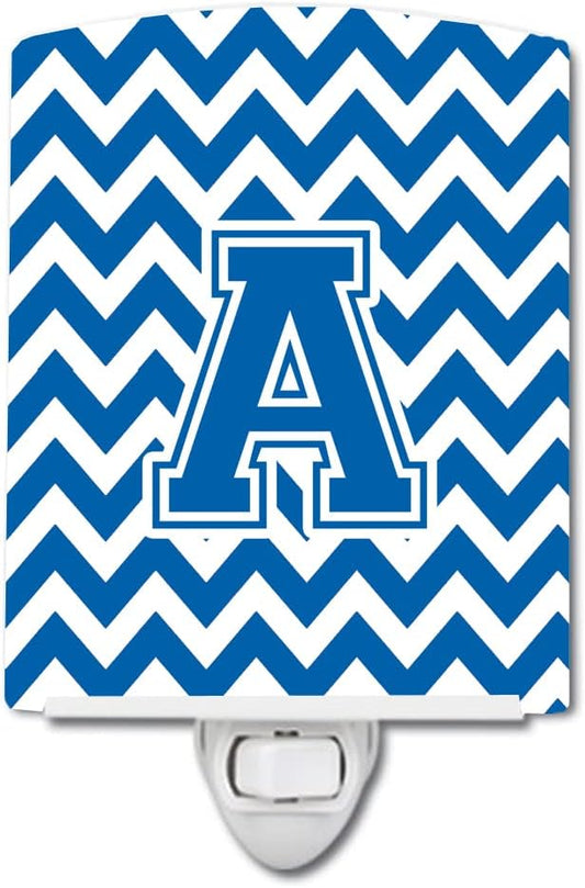 Caroline's Treasures CJ1056-ACNL Letter A Chevron Blue and White Ceramic Night Light Compact, UL-Certified, Ideal for Bedroom, Bathroom, Nursery, Hallway, Kitchen, 6x4x3, Multicolor