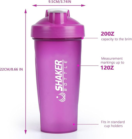 Shaker Bottle, 600ml Classical Protein Shaker Cup with Mixing Ball for Smooth blending, Leak-Proof GYM Workout Water Bottles for protein& Smoothie Shake，Bpa Free (20oz / Purple)