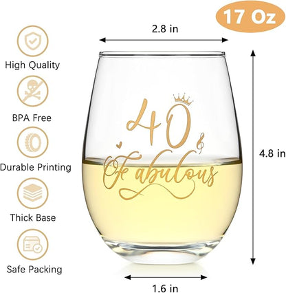 DAZLUTE 40th Birthday Gifts for Women, 40 & Fabulous Wine Glass with 1 Pack Reusable Burlap Wine Bag, 40 Year Old Wine Glass Birthday Gift for Women Mom Friend Sister Wife Aunt Coworker, 17 Oz Gold