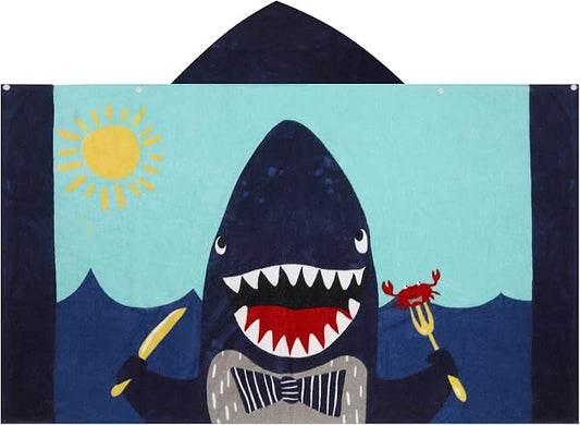 BANGSAUR Kids Hooded Beach Bath Towels, 100% Cotton 50"x30" Wrap Towel, Toddlers Boys 3-12 Years Coverup Towel Shark with Knife and Fork