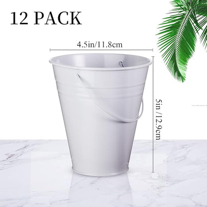 Sadnyy 12 Pack Metal Buckets with Handle, Galvanized Bucket 4.5 x 5 Inch Basket Bucket for Kids, Kids Party Supplies, Crafts for Christmas Halloween Christmas Candy Bars Vase Crafts(White)